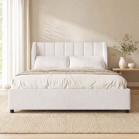 Cama plataforma acolchada 151x212x89 cm con cabecero acolchado, 2 cojines decorativos, terciopelo beige (1/5)
