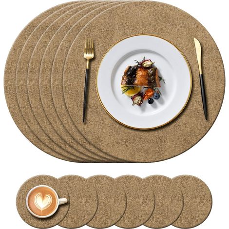 Lot de 6 napperons ronds en cuir (34 cm) + 6 sous-verres (10 cm), résistants à la chaleur jusqu'à 100°C, antidérapants et lavables. (1/5)