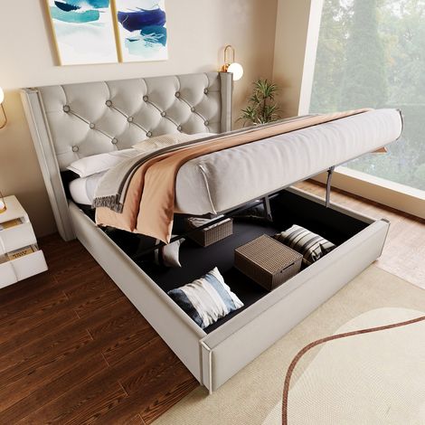 Lit coffre 160x200 avec grand espace de rangement et sommier à lattes, lit double adulte avec tête de lit capitonnée, tissu coton gris clair (1/5)