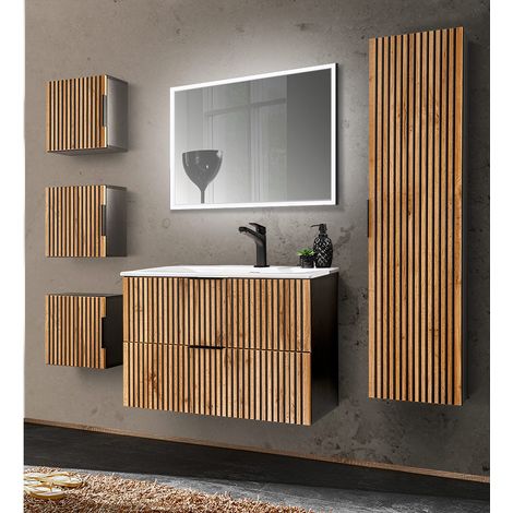Badezimmer Komplett Set mit Waschtisch 81 cm schwarz gerillt XANTEN-56 in anthrazit mit Eiche Nb., B/H/T: ca. 180/200/46 cm (1/5)