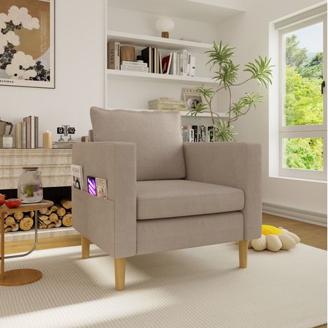 Sillón 71x68x82 cm caqui en chenilla con bolsillo lateral y cojín acolchado (1/5)