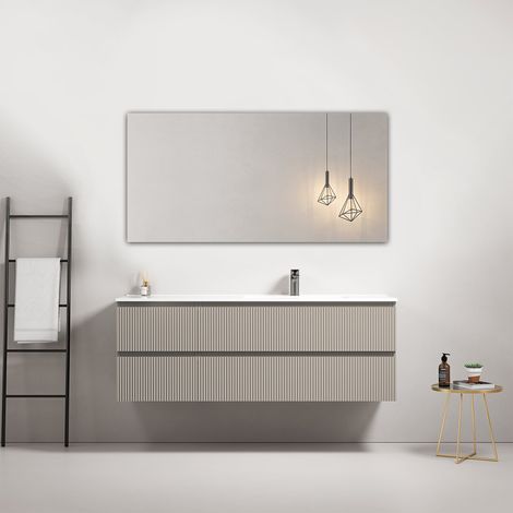 Mobile bagno sospeso cannettato 140 cm Grigio Cenere Lavabo a Destra in Resina Specchio Quadro - Fiji Paint (1/4)