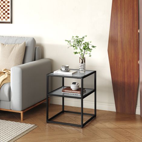 Tavolino Laterale Tronevn con Piano e Ripiano in Vetro Temperato 50 x 40 x 40 cm - Nero [en.casa]