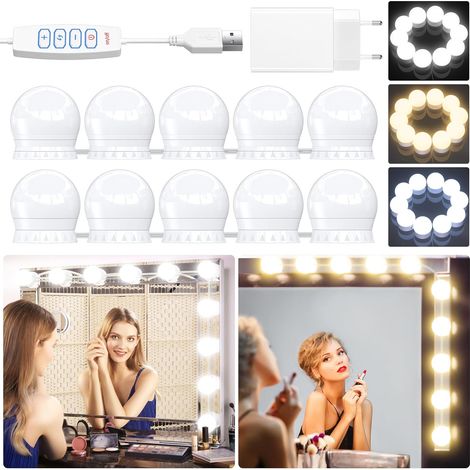 Luz LED para espejo con adaptador, 10 bombillas regulables en tres colores – Iluminación de maquillaje estilo Hollywood – Luz LED para espejo de tocador