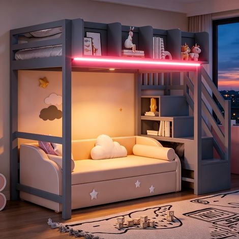 Multifunktionales Hochbett 90x200 cm Grau mit Stauraum, Aufsteigeleiter, Sicherheitsgitter und LED-Beleuchtung, Kinderbett aus Holz (1/5)