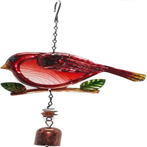 Vogel-Windspiel mit Glocke, rotem Kardinalvogel, Buntglas und Metall-Sonnenfänger (Kolibrisform), 34 cm x 17 cm (1/5)
