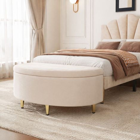 MEUBLIV Banco tapizado 90 x 40 x 42 cm beige con almacenaje y patas de metal, sin colchón (1/5)