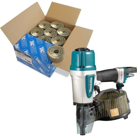 Makita AN613 Pneumatic Coil Nailer Air Pin Gun and 9000 2.5 50mm Flat Coil Nails (1/4)