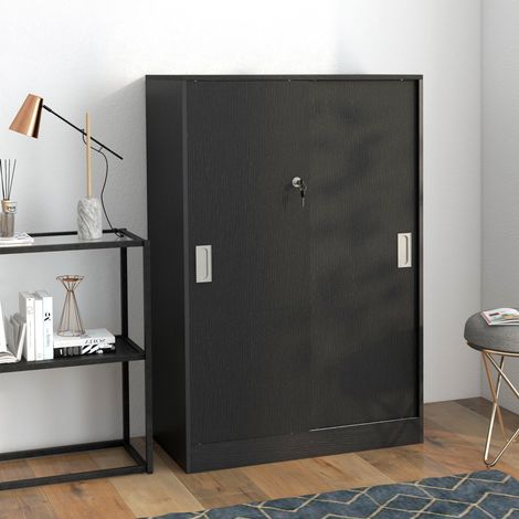 Armoire de bureau noire 80x40x120 cm, 3 étagères avec 2 clés de sécurité, portes coulissantes (1/5)