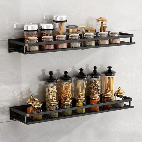 wall-mounted spice shelves without drilling - storage shelf - kitchen shelf - Aluminum - For bathroom and kitchen - Black - 2 pieces - 40 cm (1/5)