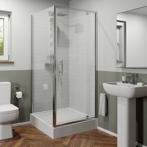 800mm Pivot Shower Door Side Panel 6mm Glass Anti Slip Easy Plumb Raised Tray (1/5)