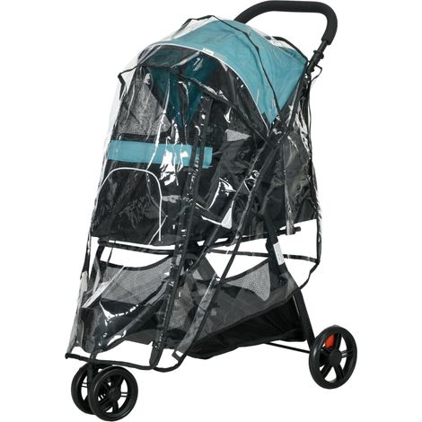 Poussette pour chien pliable 10kg laisse sécurité housse pluie panier rangement bleu noir