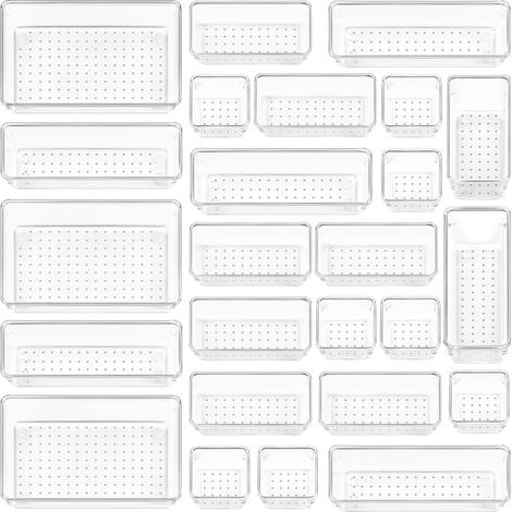 Lot de 25 Organisateurs de Tiroir – 4 Tailles, Rangement Tiroir en Plastique Transparent – Parfait pour Salle de Bain, Coiffeuse, Bureau, Cuisine, Outils et Maquillage (1/5)