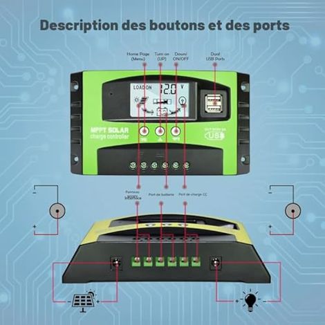 Depvko Contrôleur de charge solaire MPPT 30A, régulateur de batterie panneau solaire à suivi automatique 12V/24V, écran LCD, 2 ports USB, minuterie, pour batteries Plomb et au lithium (vert) (1/3)