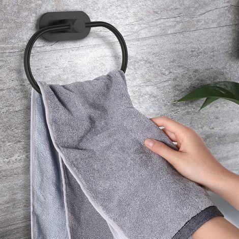 Confezione da 2 anelli portasciugamani autoadesivi per bagno - Montaggio a parete - Acciaio inossidabile - Accessori hardware senza foratura - Portasciugamani rotondo moderno - Nero (1/4)