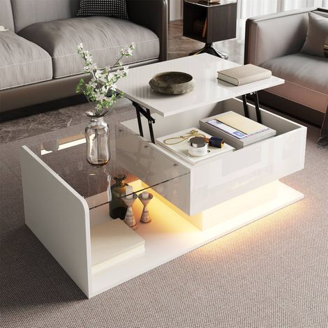 Table basse relevable LED 100 x 50 x 33-47,5 cm, coffre de rangement et plateau verre trempé, salon, blanc brillant (1/5)