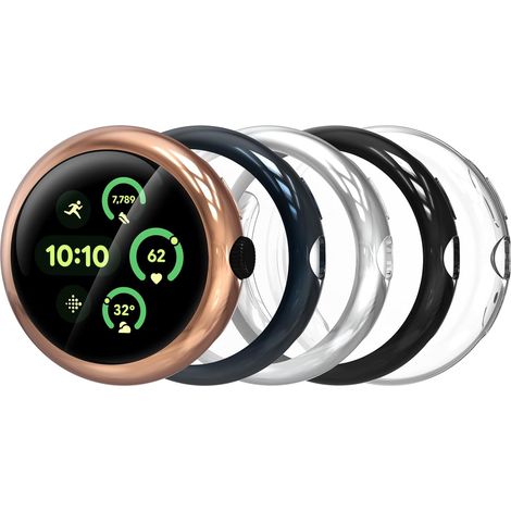 5 Pack Coque avec Protection D'écran Compatible pour Google Pixel Watch 3 41mm 2024, Coque de protection intégrale en TPU, ultra-mince, Transparent, noir, argent, or rose, vert (1/5)