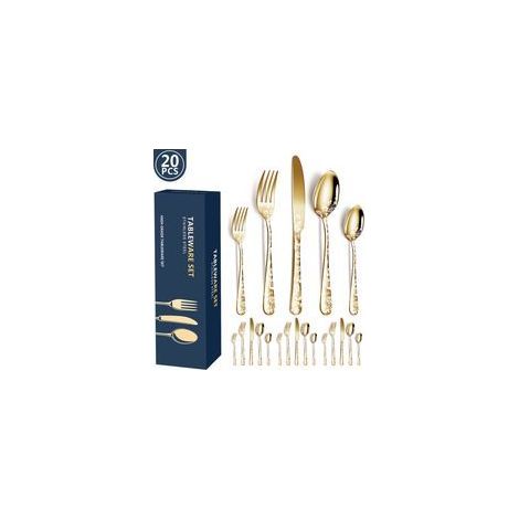 Ensemble de couverts 20 pièces en acier inoxydable, format pour 4 personnes, finition dorée (1/5)