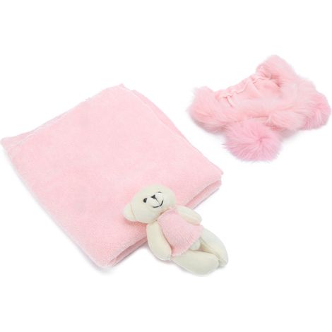 Chapeau d'ours rose pour nouveau-né avec couverture et poupée - Accessoires photo bébé doux et confortable (1/5)