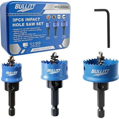 Lot de 3 scies cloches à impact, 25/32', 1', 1-1/4' (20,25,32 mm) Kit de scies cloches en métal avec tige hexagonale M42 et dents à 8% de cobalt, robuste, parfait pour percer le métal fin (1/5)