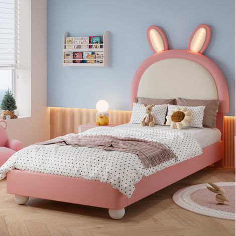 Letto singolo per bambini 90x200 cm rosa e bianco in PU con testiera a coniglio e LED (1/5)
