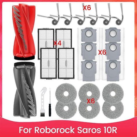 Ersatzteile für den Roborock Saros 10R Saugroboter: Hauptseitenbürste, HEPA-Filter, Reinigungstücher und Staubbeutel.