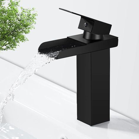 Bathroom Faucet Brass Basin Mixer Tap Basin Faucet with Wide Spout Bathroom Mixer Tap, Cold and Hot Water Matte Black (1/5)