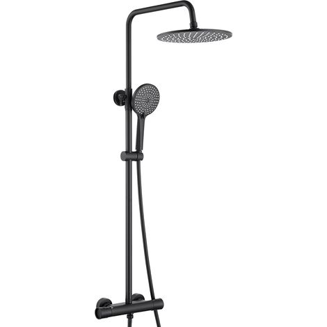 Colonne de Douche avec Mitigeur Thermostatique, Ensemble de Douche avec Douche de Têtee en ABS Φ25cm, Douchette à 3 Modes, Barre de Douche Extensible, Noir (1/5)