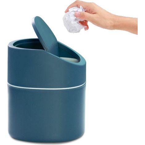 Poubelle mini avec couvercle MAJOYLIFE, 2 litres, pour bureau, coiffeuse, chevet et autres meubles, en polypropylène (13 x 13 x 16 cm, bleue) (1/5)