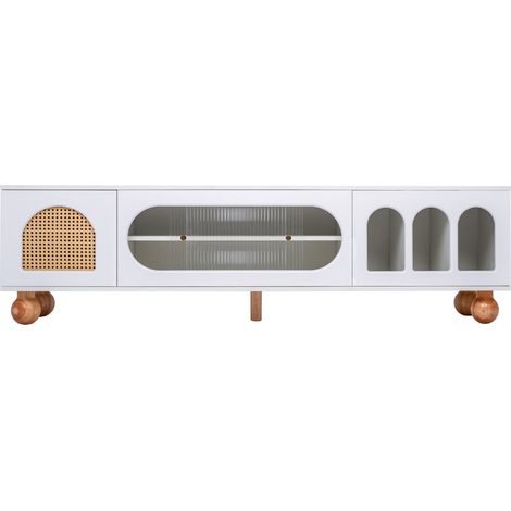 Mueble TV blanco y madera 170 x 47 x 37 cm con puerta de mimbre, vidrio corredera y patas de madera (1/5)