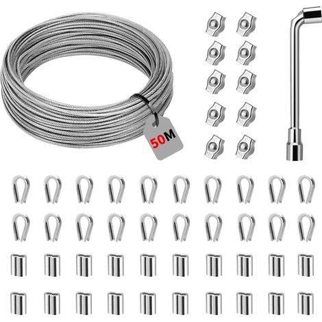 Lot 50 m Steel Cable Kit, 2 mm Thick Stainless Steel Wire Cable, 304 Stainless Steel Cable with 7 x 7 Strands for Climbing Plants, Clothesline (1/5)