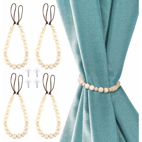 4 Pieces Curtain Gatherer Wooden Beads Curtain Straps Curtain Ropes (1/4)