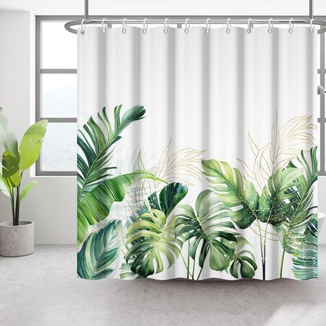 Rideau de Douche Tropical Vert avec Feuille de Palmier et d'Or Motif Jungle et Papillon 12 Crochets, Polyester Étanche, 183x183cm (1/5)