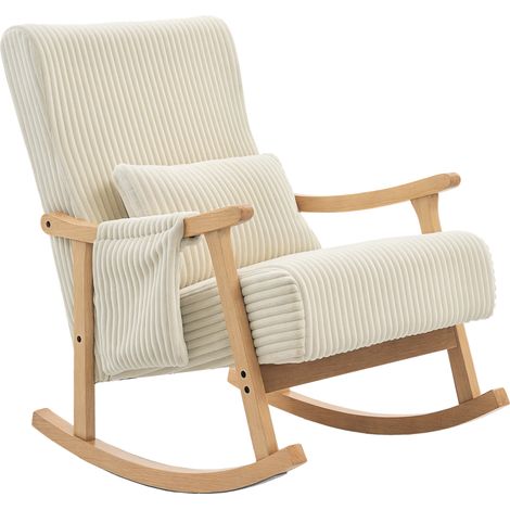 Fauteuil à bascule en velours côtelé avec coussin lombaire, pieds et accoudoirs en hévéa, poche, style moderne, beige (1/5)