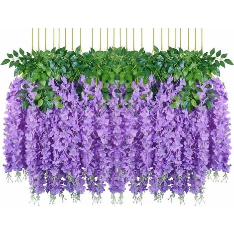 Fleurs Artificielles, 24 Pièces Artificielles Faux Glycine Vigne Suspendus Fleurs En Soie Décor De Fête De Mariage À La Maison (24 Pièces, 110 Cm / Chaque Brin, Violet) (1/5)