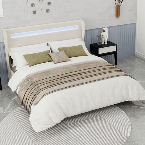 REDOM Lit double 160x200 cm éclairage LED immersif tissu et métal structure basse beige (Sans matelas) (1/5)