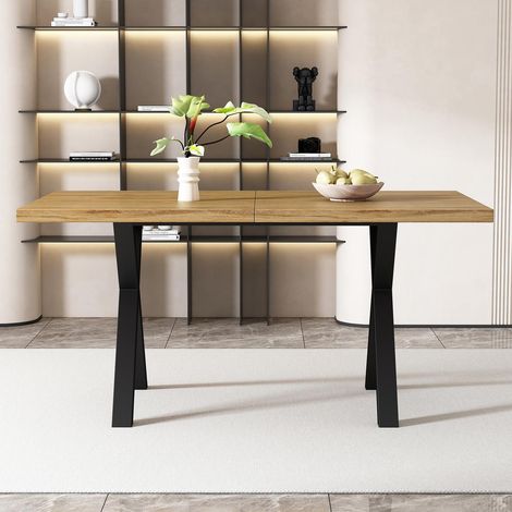 Table à manger rectangulaire 140 x 80 x 76 cm chêne pieds croisés fer noir style moderne (1/5)
