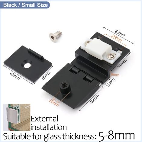 (Extemal Small Black) Kit de charnière pivotante à 90° pour porte en verre (1 pièce), avec vis de fixation pour vitrine, compatible avec verre de 5 à 10 mm. (1/5)