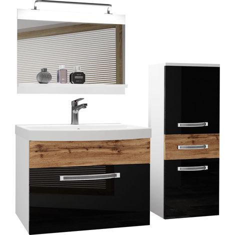 BELINI Meuble de Salle de Bain Lavabo Inclus, Meuble sous-Vasque, Miroir et Cabinet Largeur: 100 cm Kit d'éclairage Inclus Couleur: Noir Très Brillant/Chêne Wotan (1/4)