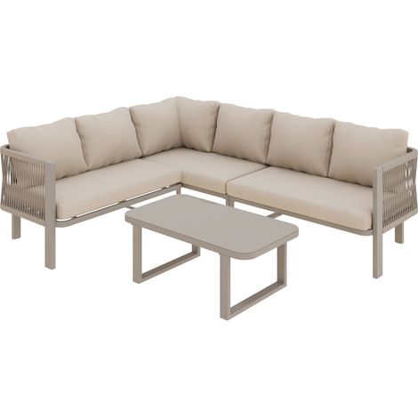 Set Jardin Angle 6 Personnes Khaki – Table Verre, Banc, Chaises, Canapé, Cadre Acier Galvanisé, Accoudoirs Tressés Teslin