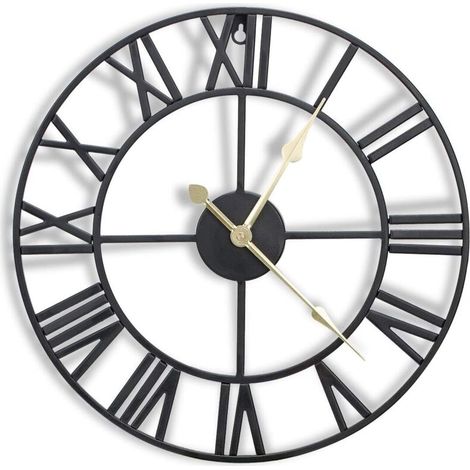 Horloge murale en métal de 16 pouces avec chiffres romains 3D, mouvement silencieux et à piles, superbe décoration murale pour cuisine, salon et ferme, noir (1/5)