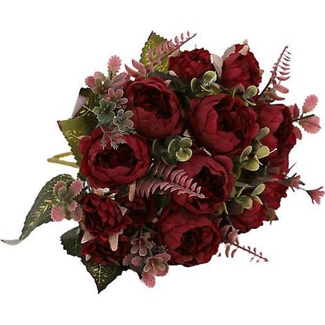 Bouquet de pivoines artificielles réaliste, haute simulation, ornemental, 9 têtesrouge vin (1/5)