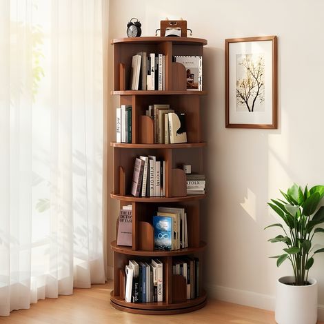 360° drehbares Bücherregal 5 Ebenen, Walnuss, platzsparend für Wohnzimmer & Büro
