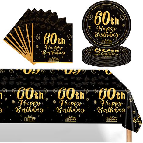 37 Pièces Assiette Vaisselle Jetable Anniversaire Kit, Noir Or Decoration Anniversaire Vaisselle 60 Ans Garçon Fille, Nappe Papier Assiette Serviette pour Decoration Anniversaire 60 Ans (1/5)