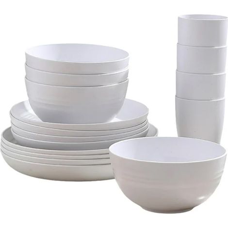 16 Pièces Vaisselle en Grès, Assiettes et Bols, Résistant aux Rayures, Micro-ondes et Lave-vaisselle, pour Salon et Cuisine (1/5)