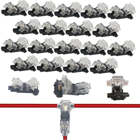 Connecteurs T Tap basse tension, Compact Connecteurs de fils Convient aux connexions de fils 18-22 AWG, Borne du connecteur en T Pas besoin de dénuder les fils(18pièces) (1/5)