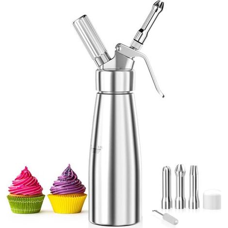 Siphon à crème de 500 ml, seringue à crème en aluminium, avec 3 embouts décoratifs en acier inoxydable et 1 brosse de nettoyage (1/5)