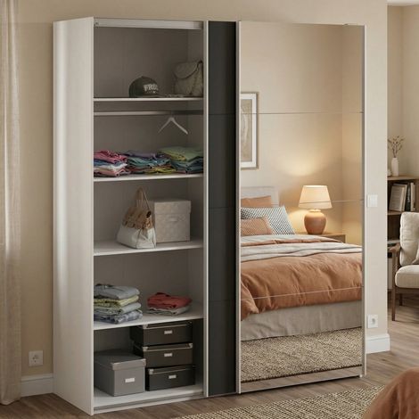 Dmora - Armario 2 puertas Elina, Muebles de dormitorio, Vestidor, Armario de ropa, 182x61 h220 cm, Blanco y Negro (1/5)