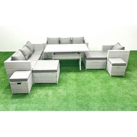 Fimous Rattan Garden Furniture Dining Set 11 Seater Lounge Sofa Chair Dining Table Set with 4 Footstools Light Grey Mixed (1/5)