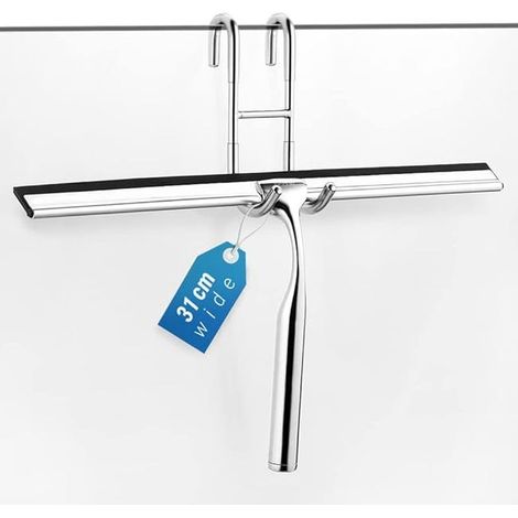 Tergivetro per doccia in acciaio inox da 31 cm con gancio, non richiede fori, 2 lame di ricambio in silicone - per specchi, vetri, piastrelle e bagni
